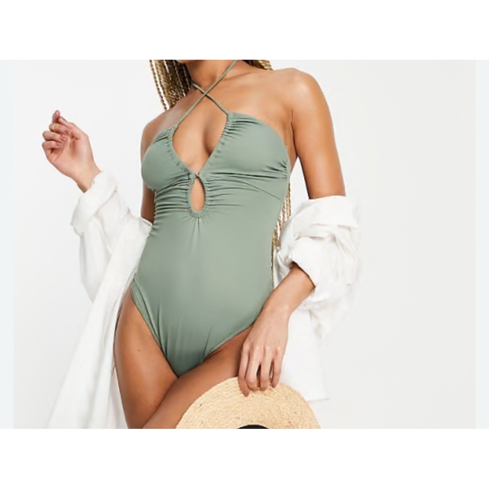 ASOS‎ Sage Green Ruched Keyhole Halter One Piece Swimsuit Sz 6 Earthy Flattering